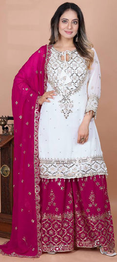 Pink and Majenta, White and Off White color Salwar Kameez in Faux Georgette fabric with Embroidered, Sequence, Thread work