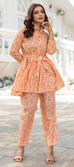 Orange color Co-ords Set in Crepe Silk fabric with Printed work