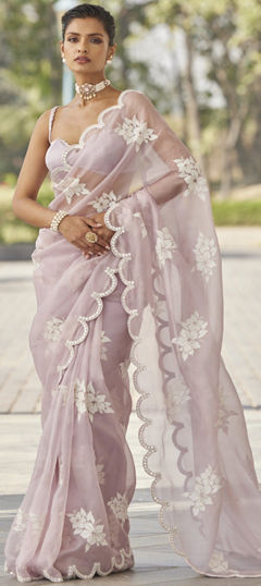 Pink and Majenta color Saree in Chinon Silk fabric with Embroidered, Sequence, Thread work