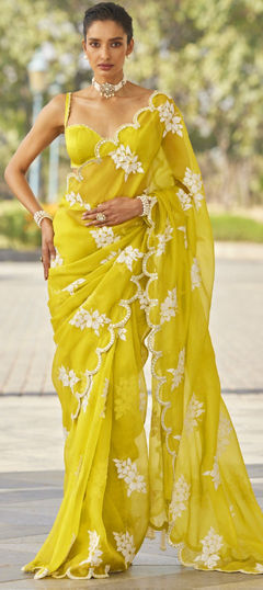 Yellow color Saree in Chinon Silk fabric with Embroidered, Sequence, Thread work