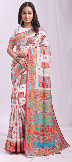 White and Off White color Saree in Linen fabric with Weaving work