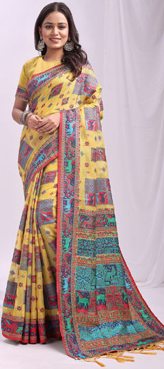 Yellow color Saree in Linen fabric with Weaving work