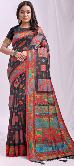 Black and Grey color Saree in Linen fabric with Weaving work