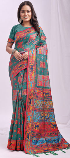 Green color Saree in Linen fabric with Weaving work