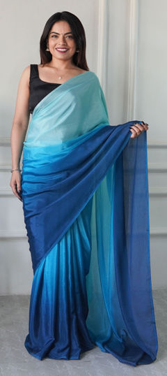 Blue color Readymade Saree in Chinon Silk fabric with Printed work