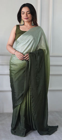 Green color Readymade Saree in Chinon Silk fabric with Printed work