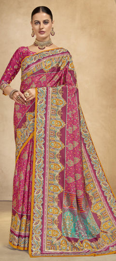 Pink and Majenta color Saree in Crepe Silk fabric with Digital Print, Foil Print work