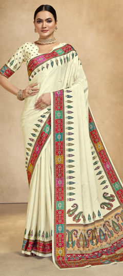 Beige and Brown color Saree in Crepe Silk fabric with Digital Print, Foil Print work