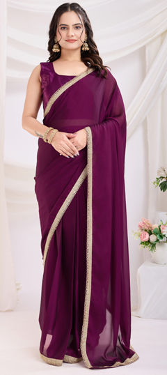 Purple and Violet color Readymade Saree in Art Silk fabric with Lace work