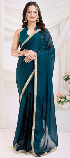 Blue color Readymade Saree in Art Silk fabric with Lace work