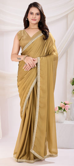 Beige and Brown color Readymade Saree in Art Silk fabric with Lace work