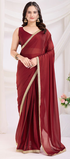 Red and Maroon color Readymade Saree in Art Silk fabric with Lace work