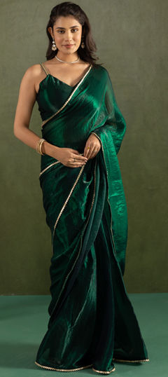 Green color Readymade Saree in Chiffon fabric with Lace work