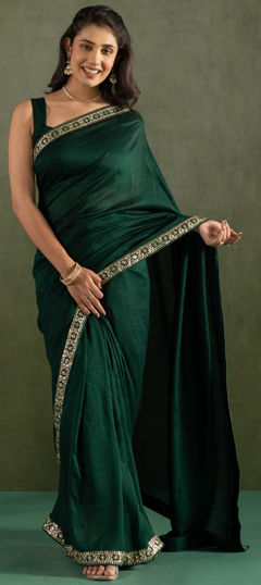 Green color Readymade Saree in Chiffon fabric with Lace work