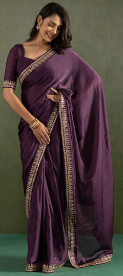 Purple and Violet color Readymade Saree in Chiffon fabric with Lace work