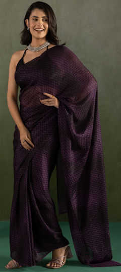 Purple and Violet color Readymade Saree in Chiffon fabric with Printed work