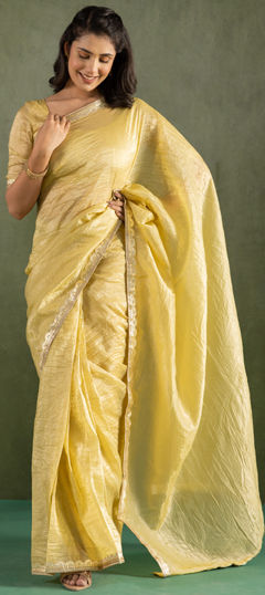 Yellow color Readymade Saree in Chiffon fabric with Lace work