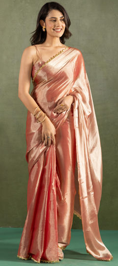 Gold color Readymade Saree in Chiffon fabric with Lace work