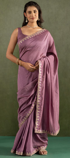 Purple and Violet color Readymade Saree in Chiffon fabric with Lace work