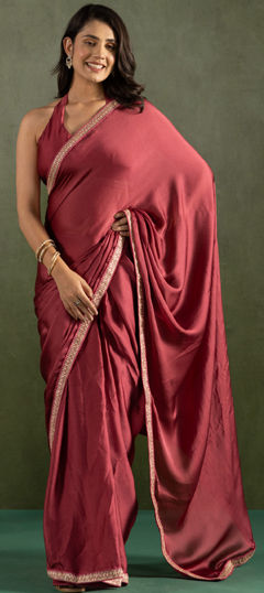 Red and Maroon color Readymade Saree in Chinon Silk fabric with Lace work