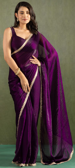 Purple and Violet color Readymade Saree in Chiffon fabric with Lace work
