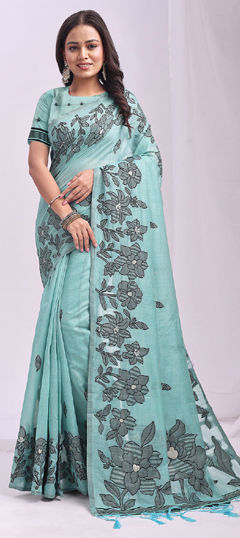 Blue color Saree in Linen fabric with Weaving work