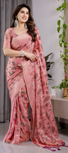 Pink and Majenta color Saree in Chiffon fabric with Lace, Moti, Weaving work