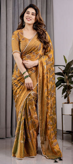 Yellow color Saree in Chiffon fabric with Lace, Moti, Weaving work