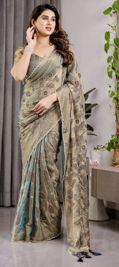 Blue, Gold color Saree in Chiffon fabric with Lace, Moti, Weaving work