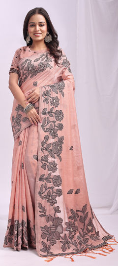 Pink and Majenta color Saree in Linen fabric with Weaving work