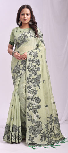Green color Saree in Linen fabric with Weaving work