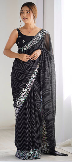 Black and Grey color Saree in Georgette fabric with Embroidered, Sequence, Thread work