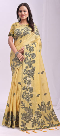 Yellow color Saree in Linen fabric with Weaving work