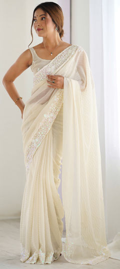 White and Off White color Saree in Georgette fabric with Embroidered, Sequence, Thread work