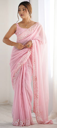 Pink and Majenta color Saree in Georgette fabric with Embroidered, Sequence, Thread work
