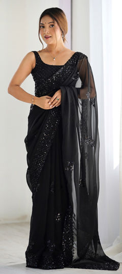 Black and Grey color Saree in Georgette fabric with Embroidered, Sequence, Thread work