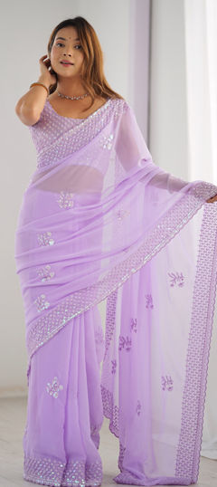 Purple and Violet color Saree in Georgette fabric with Embroidered, Sequence, Thread work
