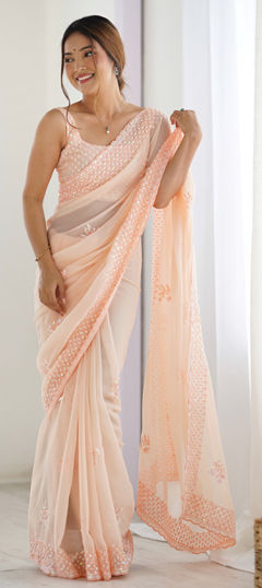 Pink and Majenta color Saree in Georgette fabric with Embroidered, Sequence, Thread work