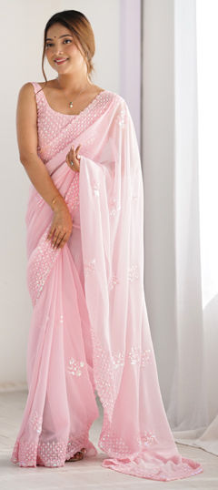 Pink and Majenta color Saree in Georgette fabric with Embroidered, Sequence, Thread work