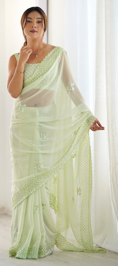 Green color Saree in Georgette fabric with Embroidered, Sequence, Thread work