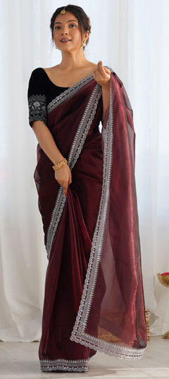 Beige and Brown color Saree in Organza Silk fabric with Embroidered, Sequence, Zari work