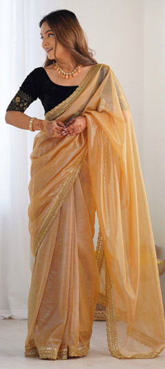 Gold color Saree in Organza Silk fabric with Embroidered, Sequence, Zari work