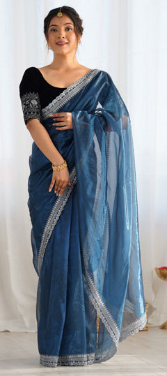 Beige and Brown color Saree in Organza Silk fabric with Embroidered, Sequence, Zari work