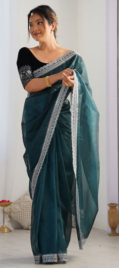 Green color Saree in Organza Silk fabric with Embroidered, Sequence, Zari work