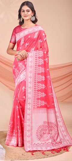 Pink and Majenta color Saree in Linen fabric with Weaving work