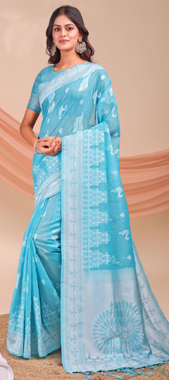 Blue color Saree in Linen fabric with Weaving work