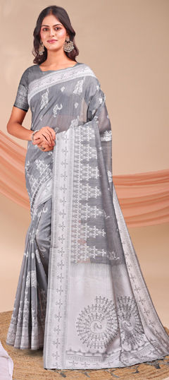Black and Grey color Saree in Linen fabric with Weaving work