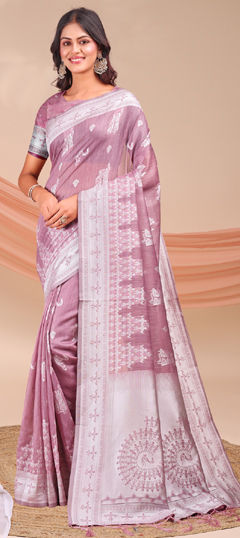 Purple and Violet color Saree in Linen fabric with Weaving work