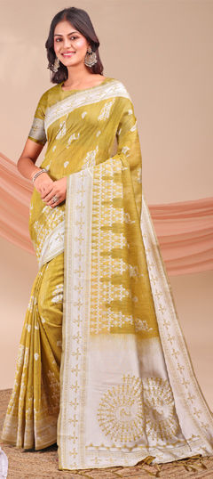 Yellow color Saree in Linen fabric with Weaving work