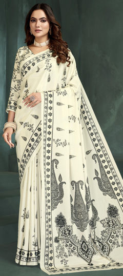 White and Off White color Saree in Crepe Silk fabric with Digital Print, Foil Print work